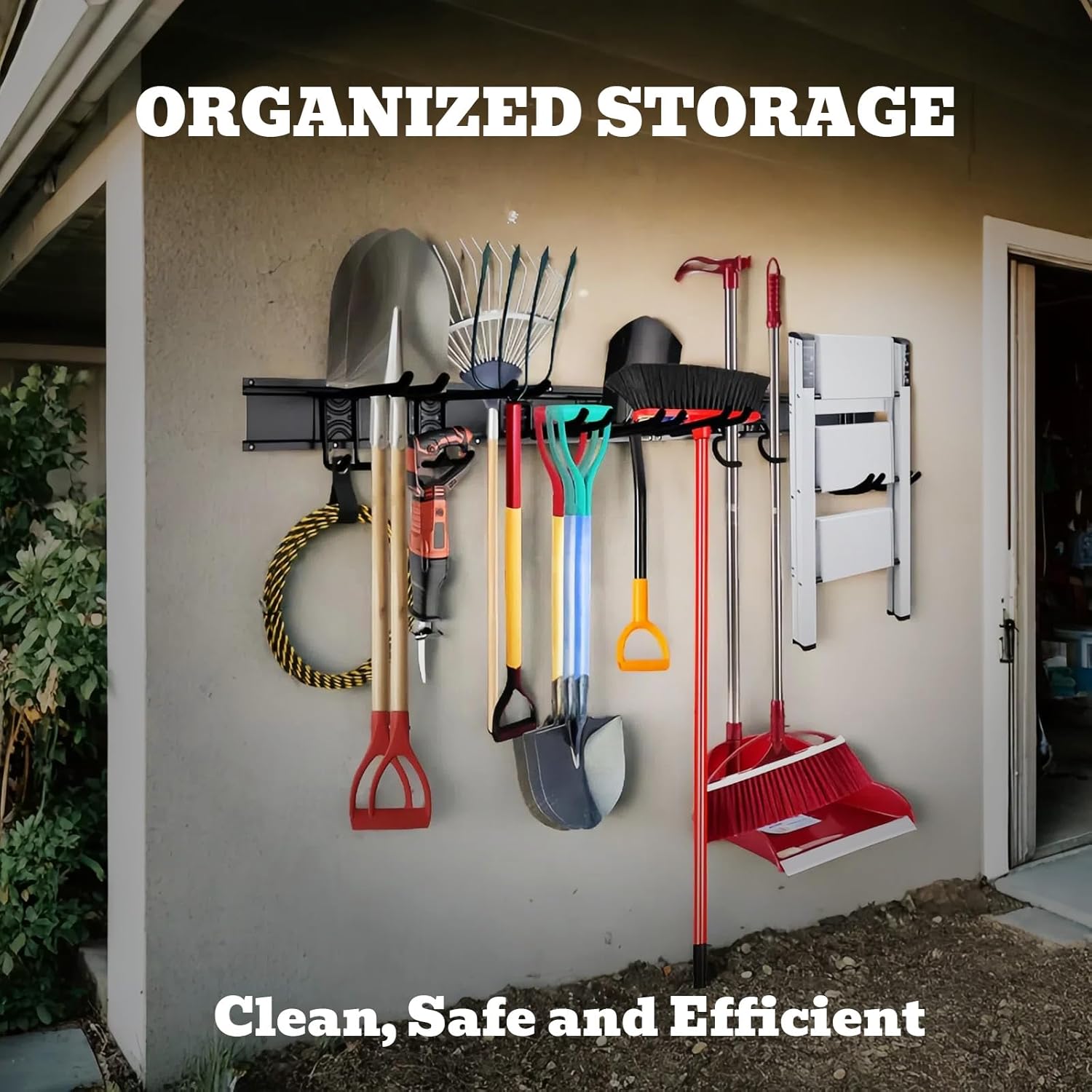 SEDY Heavy Duty Garage Storage Tool Organizer - Wall Mount Rack with Adjustable Hooks, 300lbs Capacity | Easy Installation (10 Hooks, 4 Rails, 3 Straps)