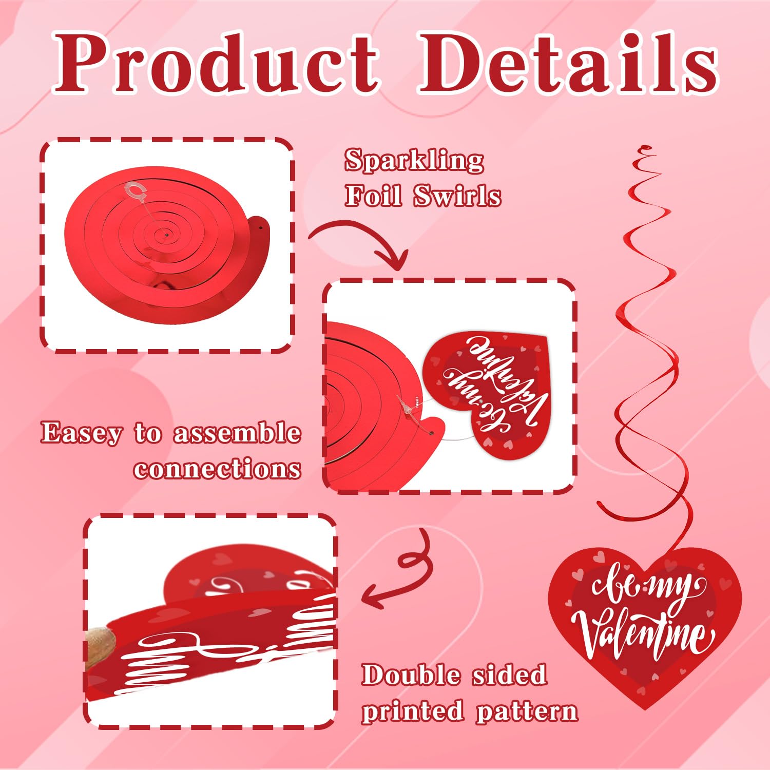Valentine's Day Decorations-40 Pcs Hanging Swirls, Red Conversation Hearts Cards and Foil Double Swirls - Ceiling Hanging Decor for Valentine Party, Classroom, Home