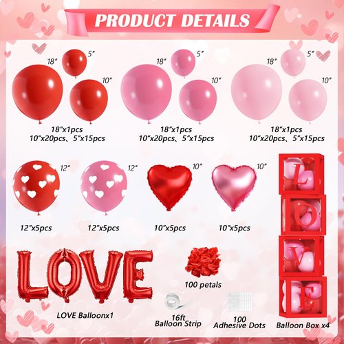 OTLGEUA Valentines Day Balloons Garland Arch Kit, Pink Red Valentines Day Party Decorations with XOXO LOVE Boxes for Women Girls Wedding Engagement Anniversary
