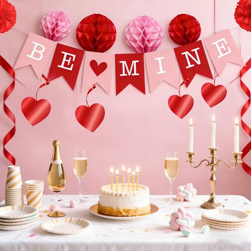 GIFTODAY 21Pcs Valentine's Day Decorations Set - Pre-Assembled BE MINE Banner with Heart Swirls & XOXO Garlands, Romantic Party Decor for Engagement Wedding Anniversary Party