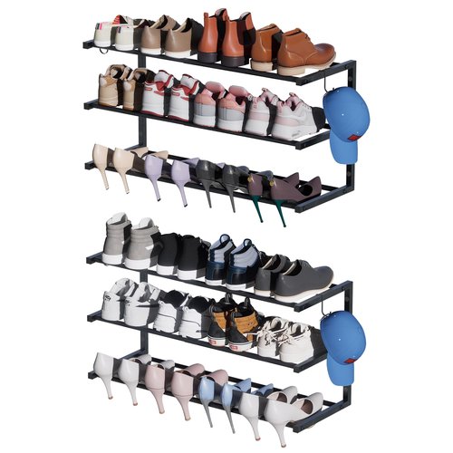 2 Pack Wall Mounted Shoe Rack, 3 Tier Hanging Shoe Rack Holds 24 Pairs, 17"-30"Adjustable Heavy Duty Shoe Organizer Holder with 4 Storage Hooks, Space Saving for Closet Entryway, Black, Patent Pending