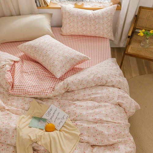 BlueBlue Rabbit Duvet Cover Set Queen 100% Cotton Bedding for Kids Boys Girls Teens Cartoon Bunny Red Flower Garden on Pink 1 Reversible Check Comforter Cover Full 2 Pillowcases