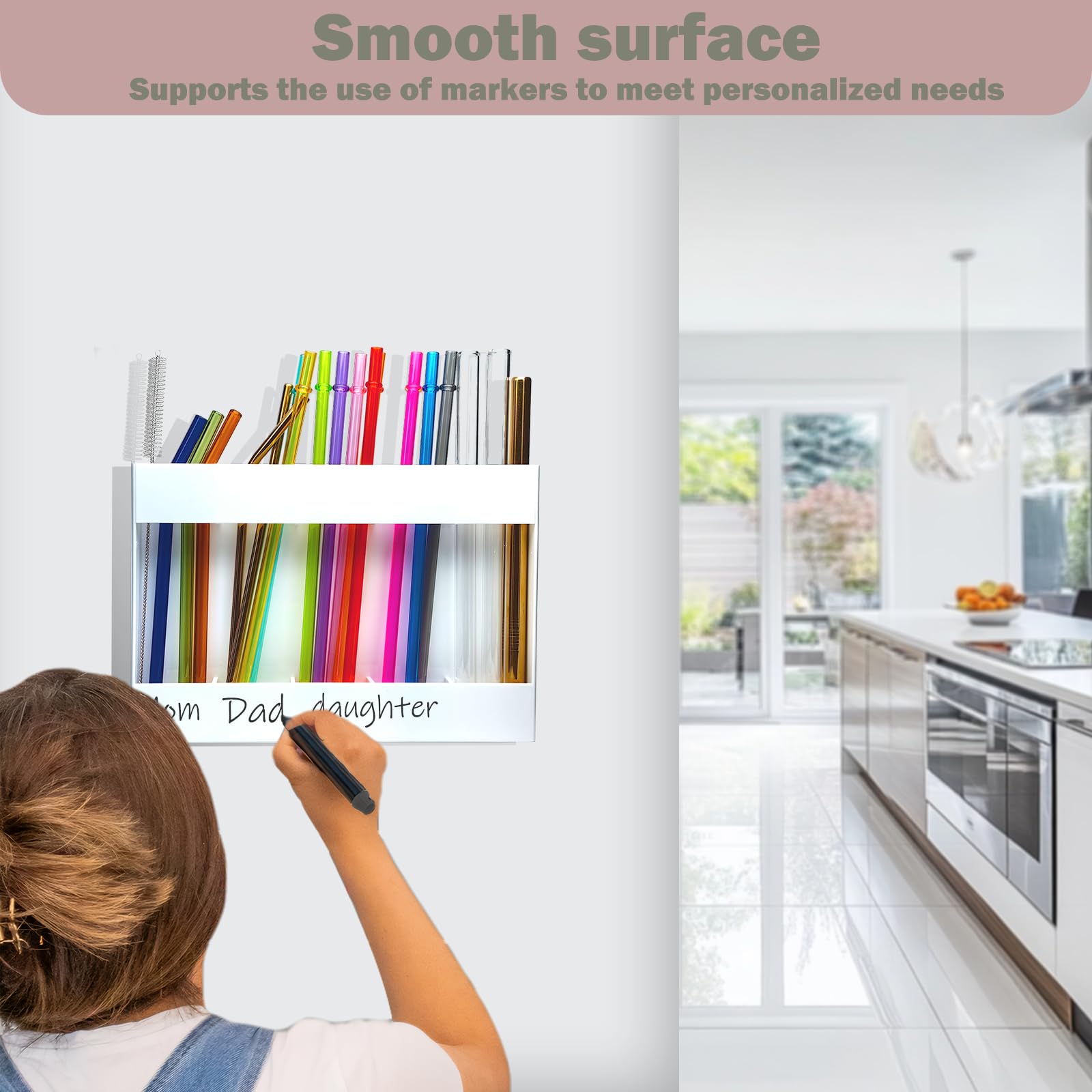 Acrylic Straw Holder for Cabinet Door with Double Sided Adhesive Tape, Tall Drinking Straws Dispensers, Reusable Straw Organizer Kitchen Storage Accessories for Cupboard, Counter (White)