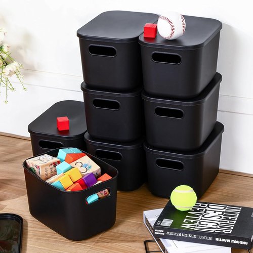 Hoolerry Colorful Storage Bins - 8 Piece Stackable Plastic Organizing Containers with Lids | Black, 9.8 x 7.1 x 6.3 Inch