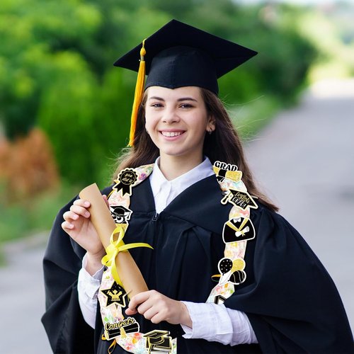 FYSUIMU Graduation Candy Lei Making Kit - Glitter Gold & Black Tubing with Congrats Grad Sticker & Ribbon