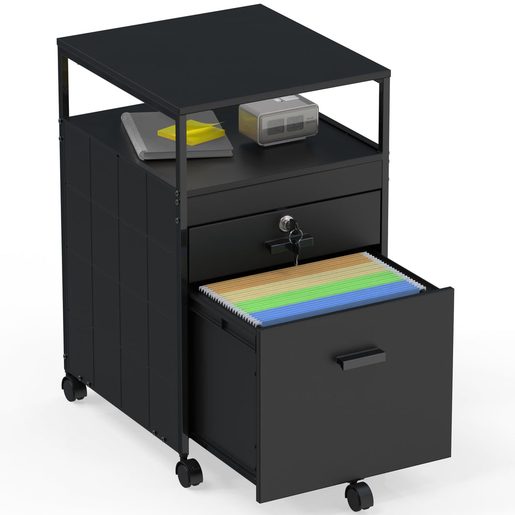 SHW Box File Rolling Mobile Cabinet with Open Shelf and Lockable Drawer, Black