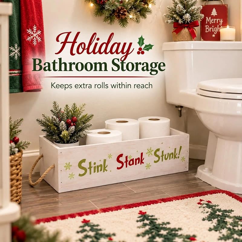 Christmas Wooden Toilet Paper Storage Basket with Rope Handles