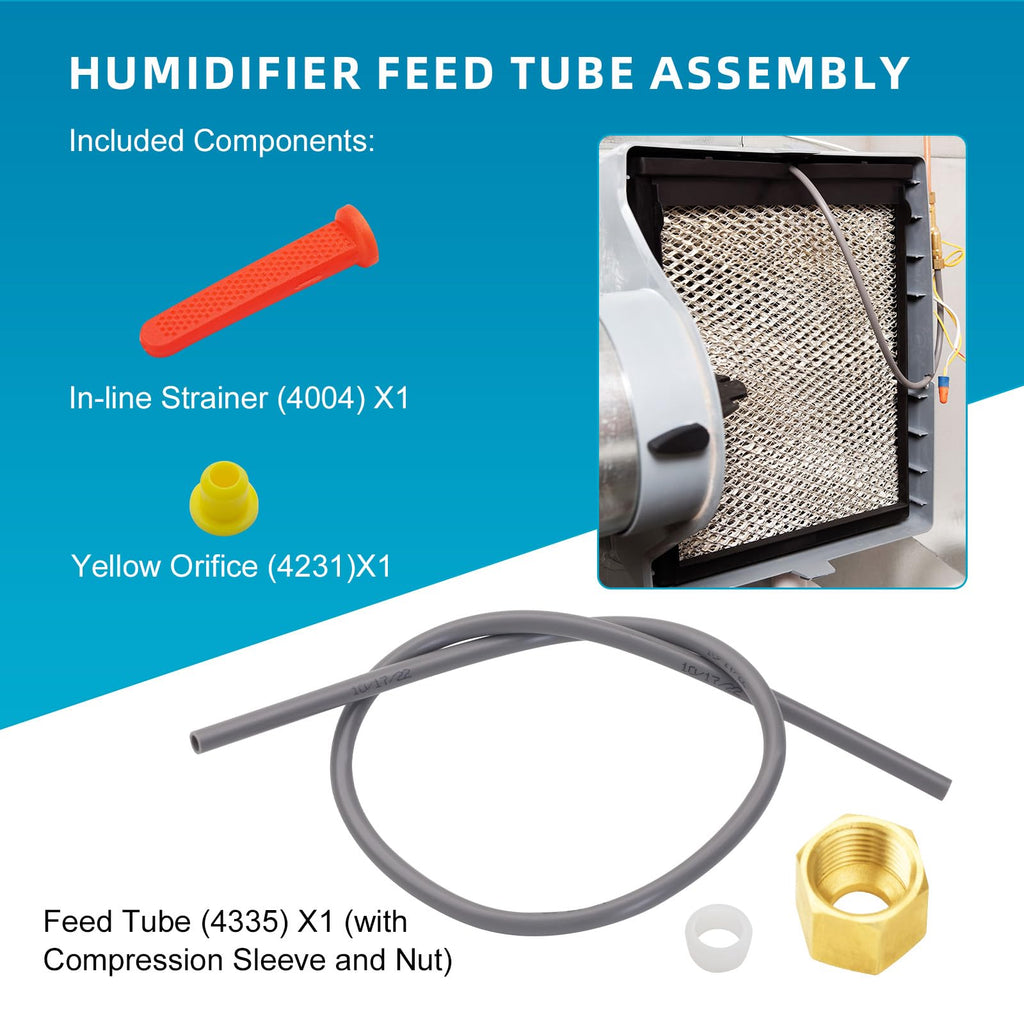 URYKEC 4335 Feed Tube Set, Includes Compression Sleeve and Nut (4335), in Line Strainer (4004), Yellow Orifice (4231), for Aprilaire Humidifier Models 400, 500, and 600.