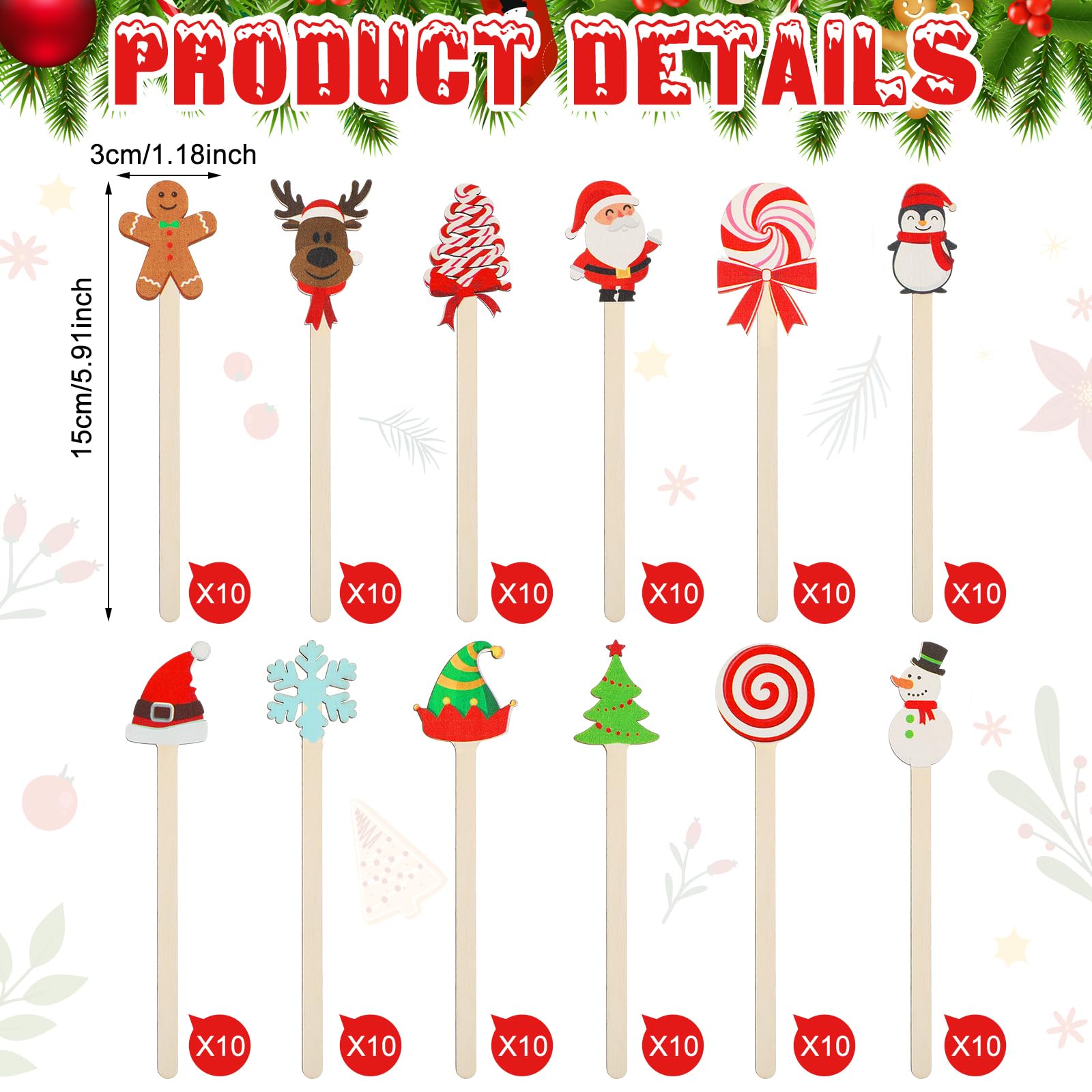 Jinei 120 Pcs Christmas Wooden Coffee Stirrers Wood Cocktail Coffee Stir Sticks Disposable Drink Stirrers for Stirring Hot Chocolate Milkshake Restaurant Home Office(Novel Style)