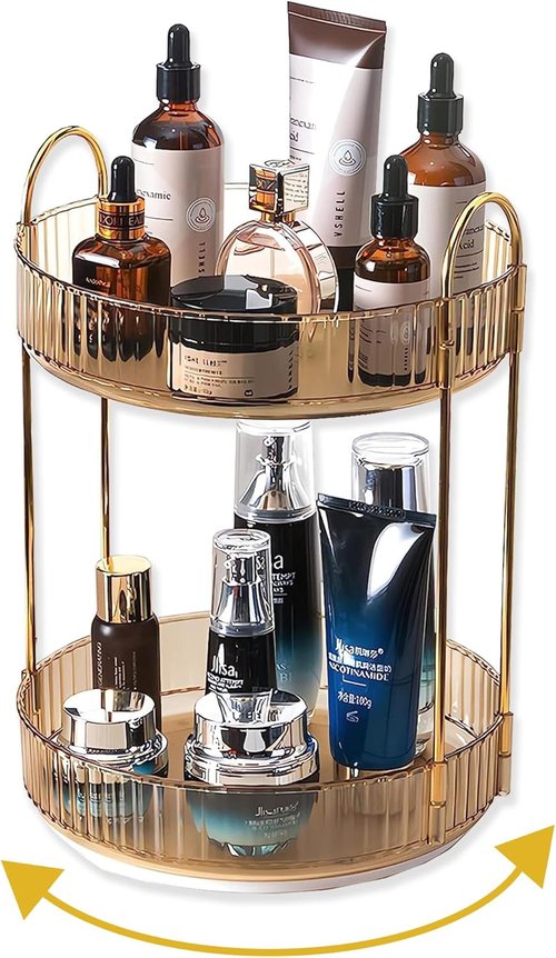 Asayuee 360 Rotating Gold Makeup Organizer - Large Capacity Skincare & Perfume Storage (2 Tier)
