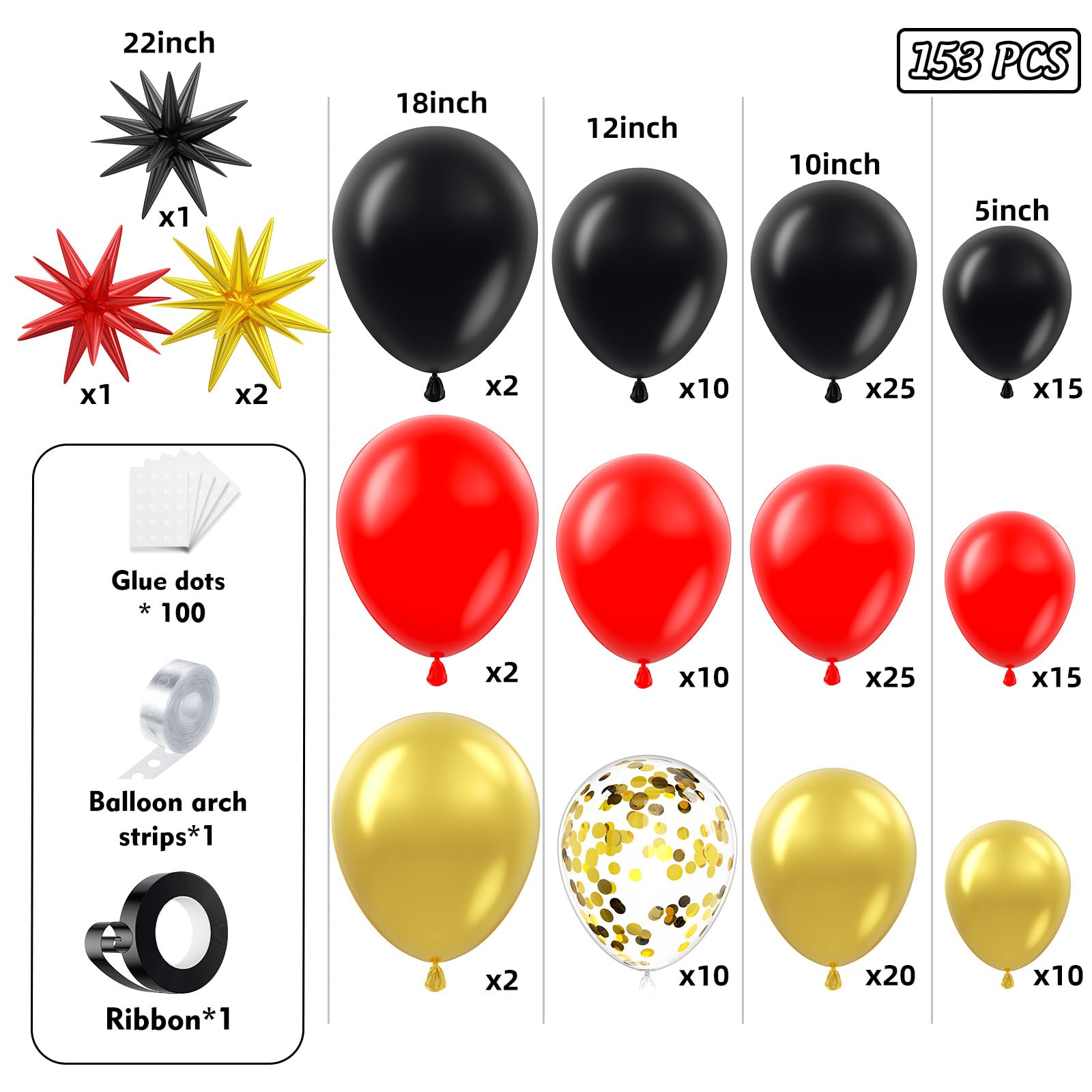 PTGOLUO 153Pcs Red and Black Gold Balloons Garland Arch Kit with Stars - 22 18 12 10 5 inch Different Latex Balloons for Anniversary Casino Night Hollywood New Years Movie Night Prom Party Decorations