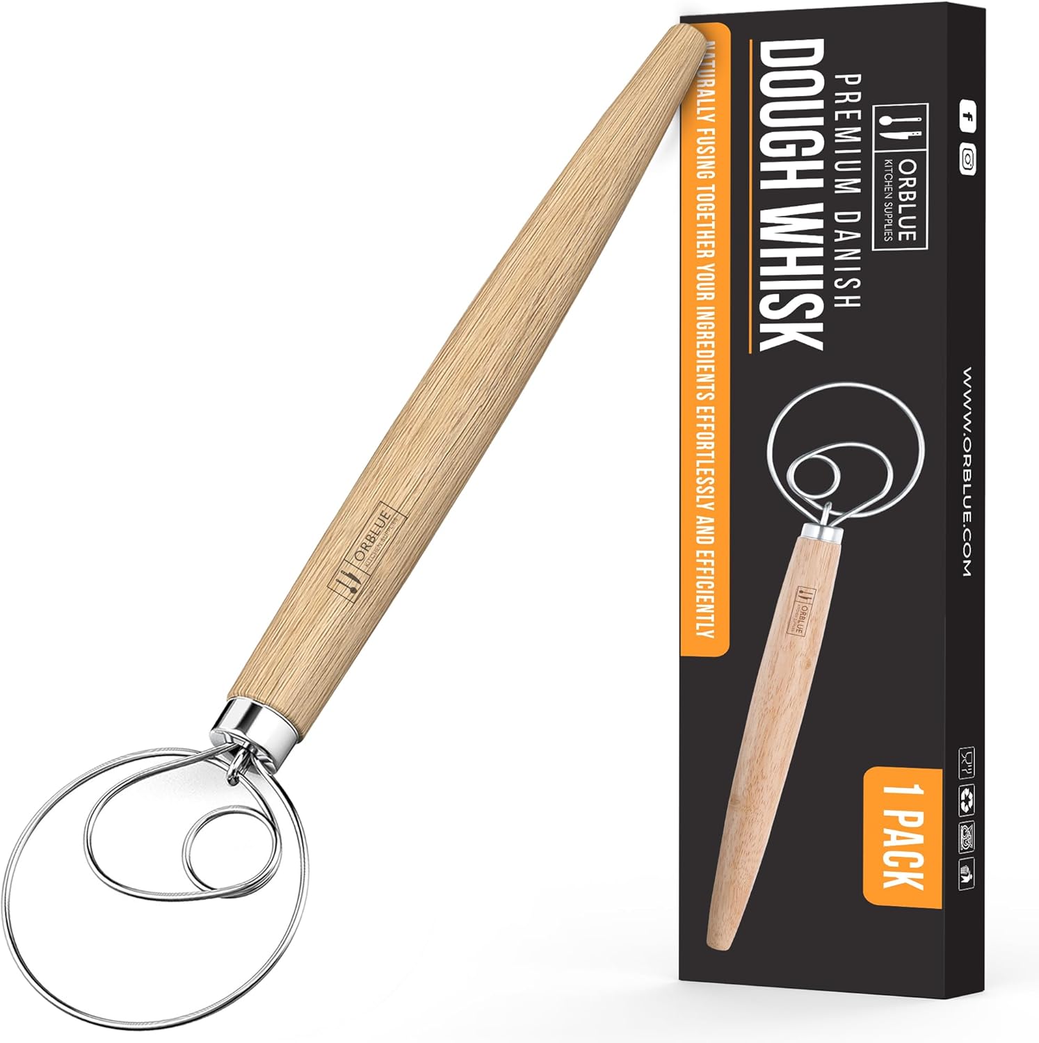 ORBLUE Premium Danish Dough Whisk - Stainless Steel Ring for Perfect Bread, Pastry & Pizza Dough - 13-Inch