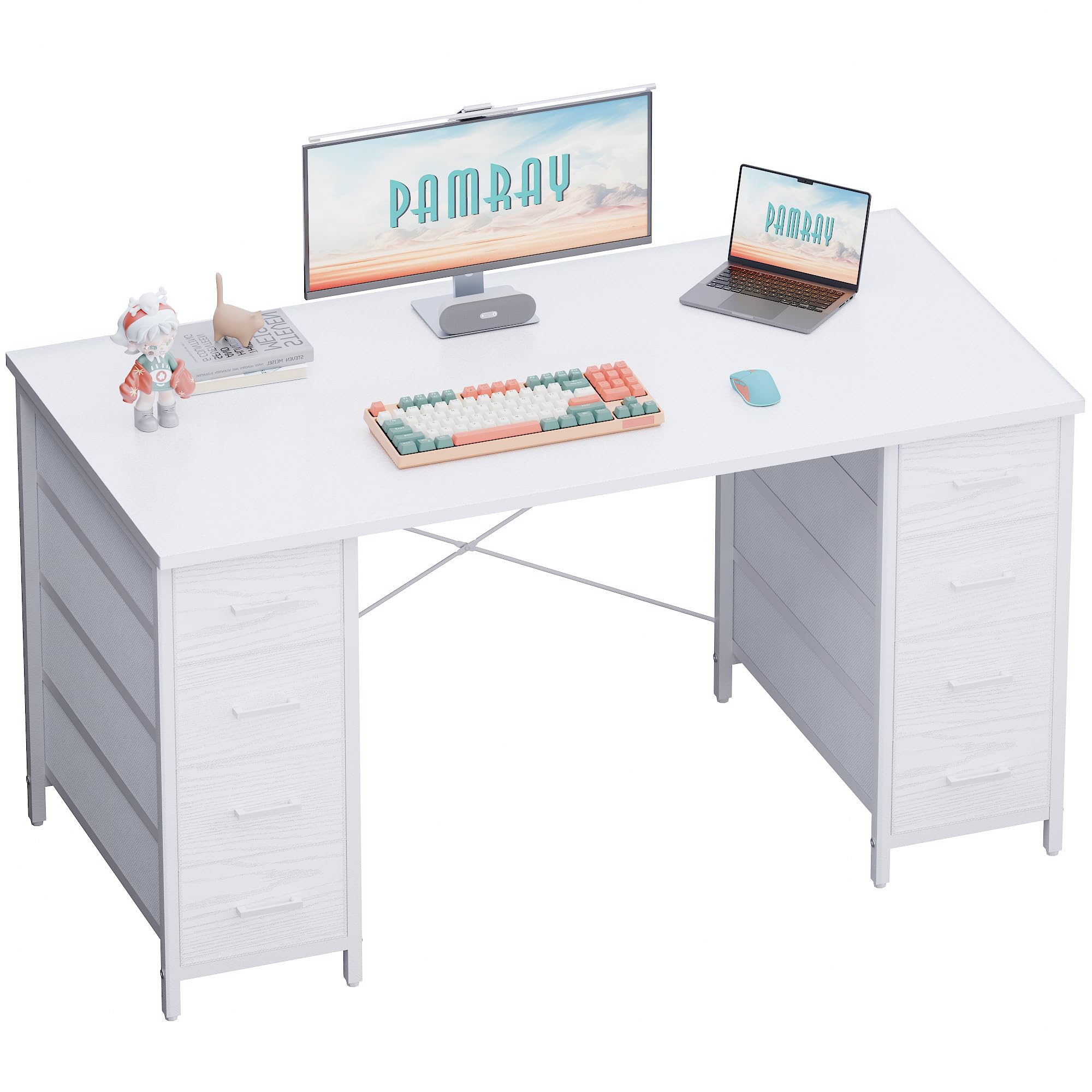 Pamray 47 Inch Computer Desk with 8 Fabric Drawers PC Gaming Desk Home Office Study Work Writing Table for Bedroom White