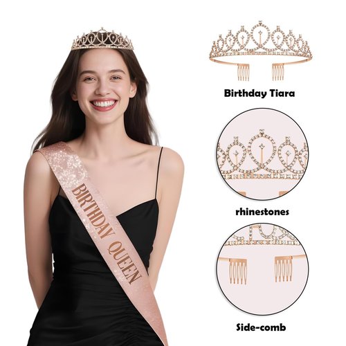 JKIYT Happy Birthday Decorations for Women Girls, Black Rose Gold Birthday Party Decor Include Sash and Crown, Balloons, Banner, Backdrop, Cake Topper & 6pcs Paper Pom Poms (Black rose gold)