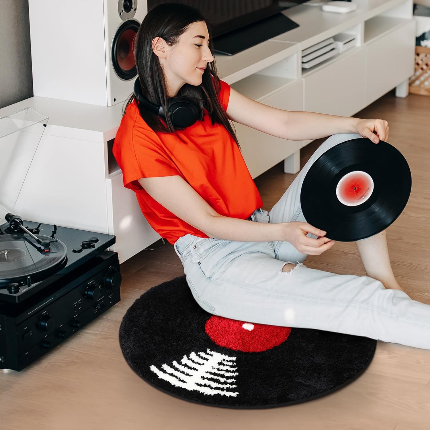 Skiennix Vinyl Record Bath Mat - Retro Non-Slip Washable Rug | Funny Music Theme Decor - 23.5" Black & White