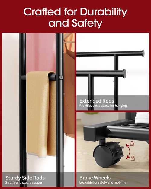 Sakugi Metal Clothes Rack - Double Rod Clothing Rack with Fixed Extension Rod & Universal Wheels, Coat Rack with Built-In Shelf for Closet Organizers and Storage (38.5" x 16.9" x 59.0", Black)