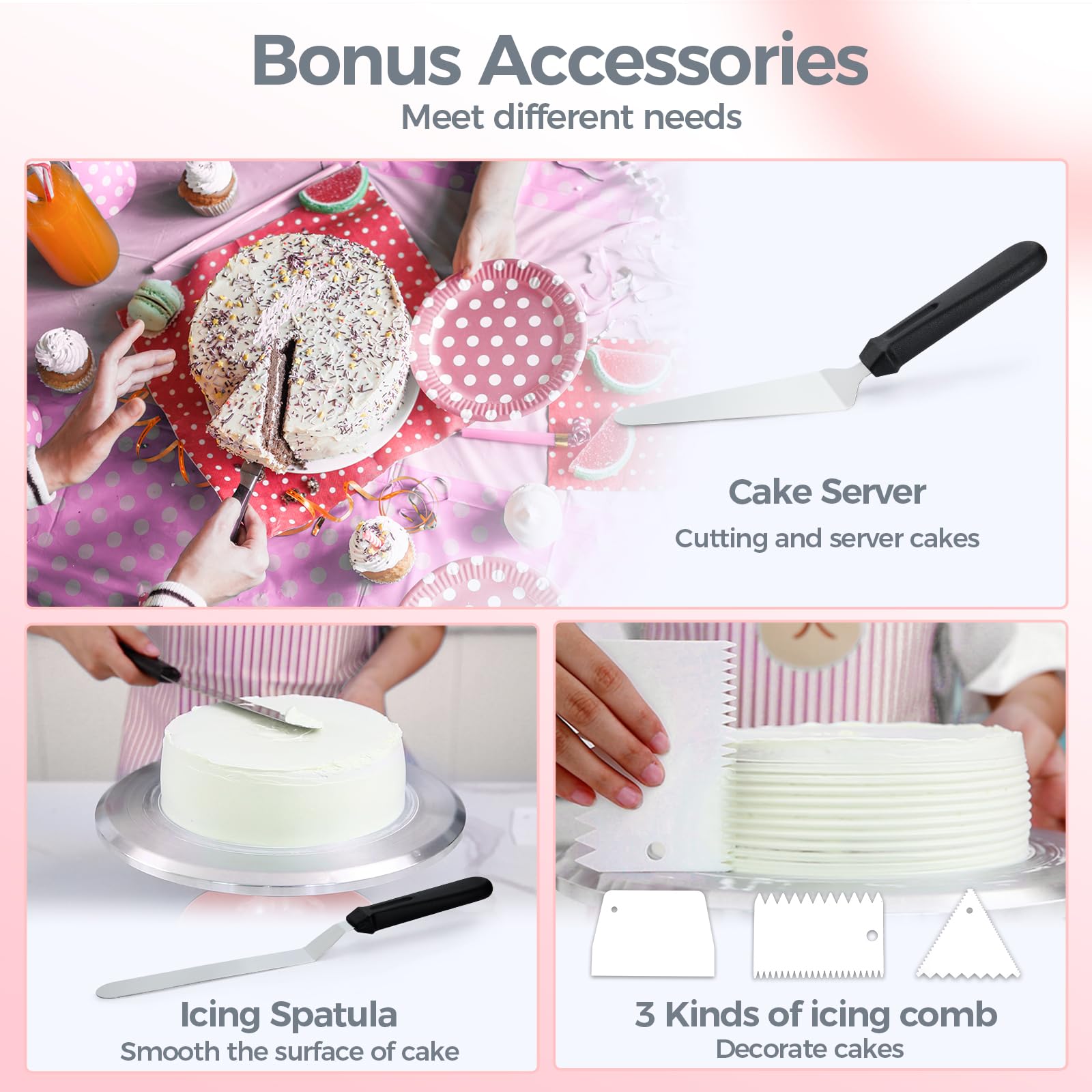 Ohuhu Cake Turntable, Aluminium 12'' Cake Decorating Kit Supplies Rotating Stand Revolving Spinner with 2 Icing Spatula 3 Comb Smoother Perfect Gifts
