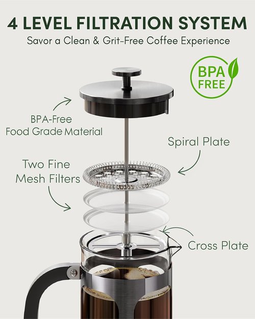 BAYKA French Press Coffee Maker - 34 Ounce Stainless Steel Cold Brew Pot | Durable Borosilicate Design