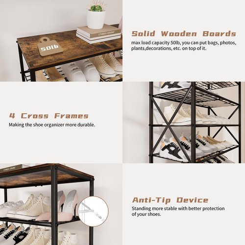 TIFFLOI 6-Tier Shoe Rack Organizer, Large Capacity Shoe Storage Shelf for Entryway, Closet, Rustic Brown & Black, Metal Mesh Shelves, Holds up to 24 Pairs of Shoes, Easy Assembly, Adjustable Feet