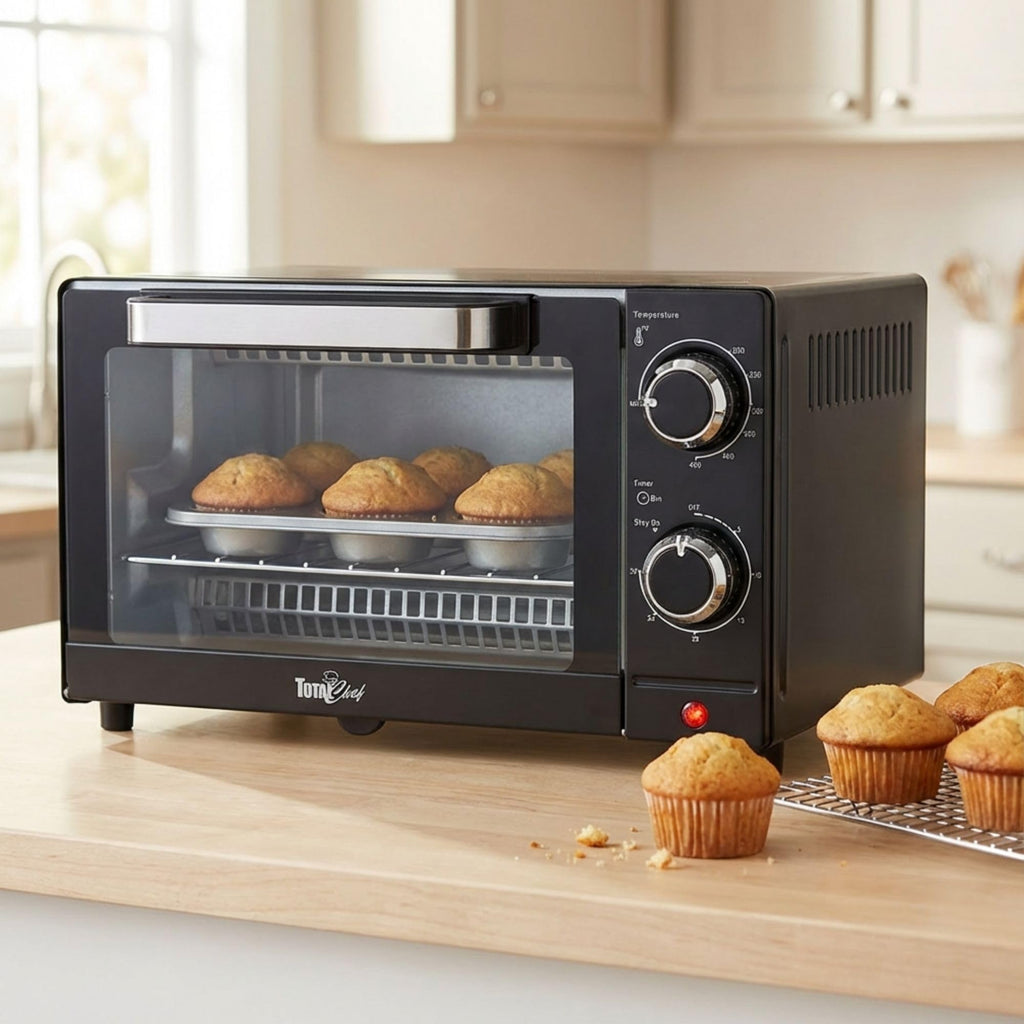 Total Chef Toaster Oven - Countertop Oven for Toast, Bake, Broil, Pizza, Compact Size For Small Kitchen, Appliance with Timer, Black