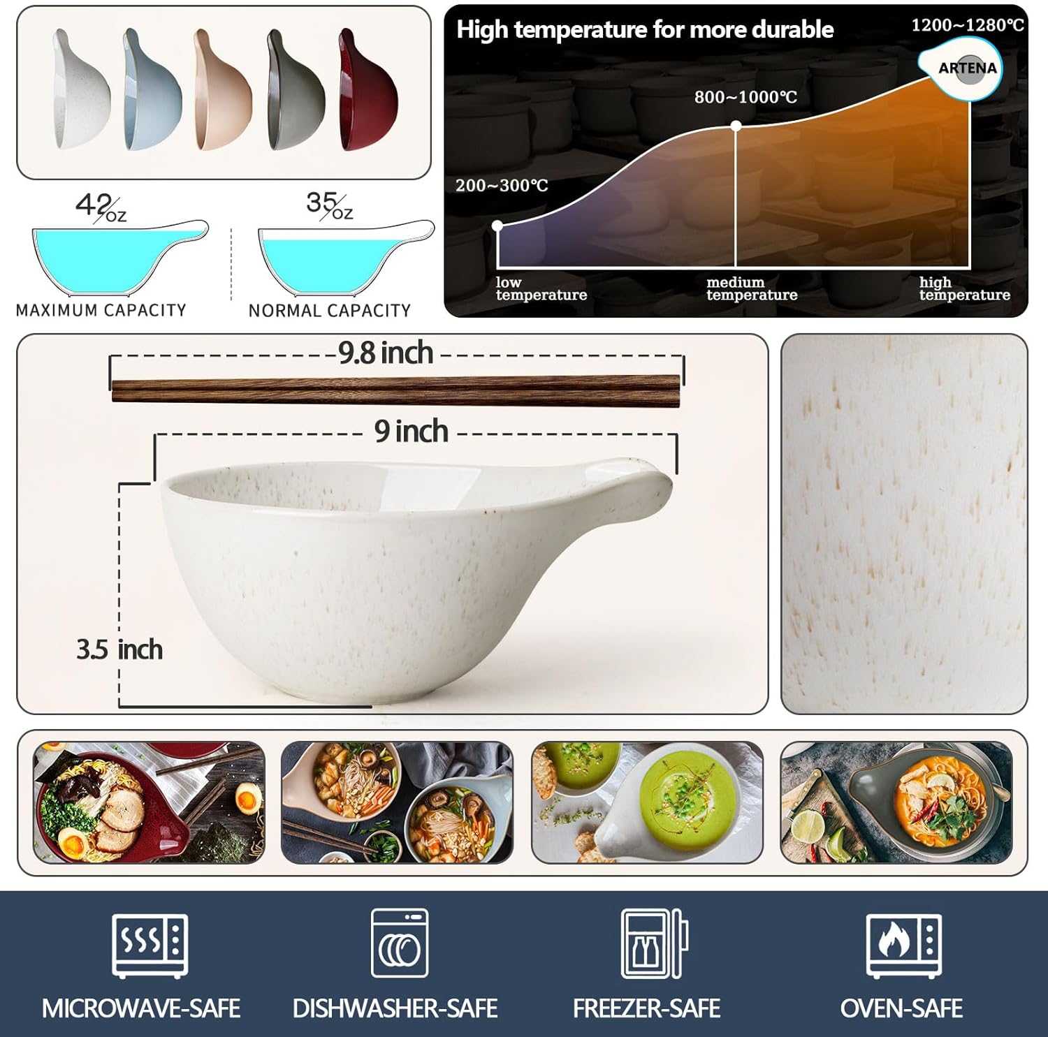 Artena Ramen Bowl Set - 42oz Ceramic Noodle Bowl with Chopsticks | Large Deep Soup & Pasta Bowl - White Gourd Design