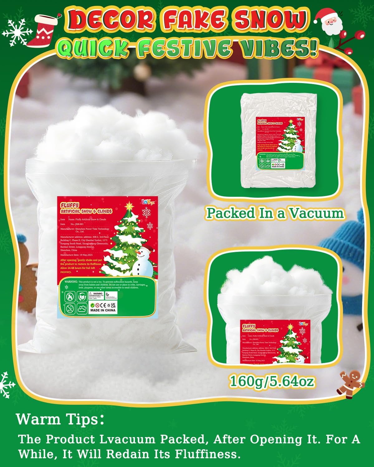 Skiennix Fluffy Christmas Fake Snow - 14.11oz Cotton Artificial Snow for Indoor Decor & Crafts