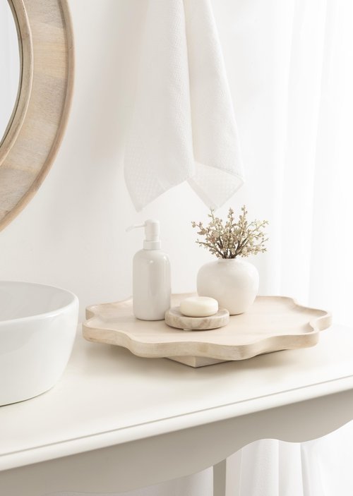 Kate and Laurel Alezar Mango Wood Wavy Round Lazy Susan Tray, 18 Inch Diameter, Light Bleached Wood, Scalloped Wooden Countertop Organizer with Turning Lazy Susan for Kitchen Storage or Ottoman Tray