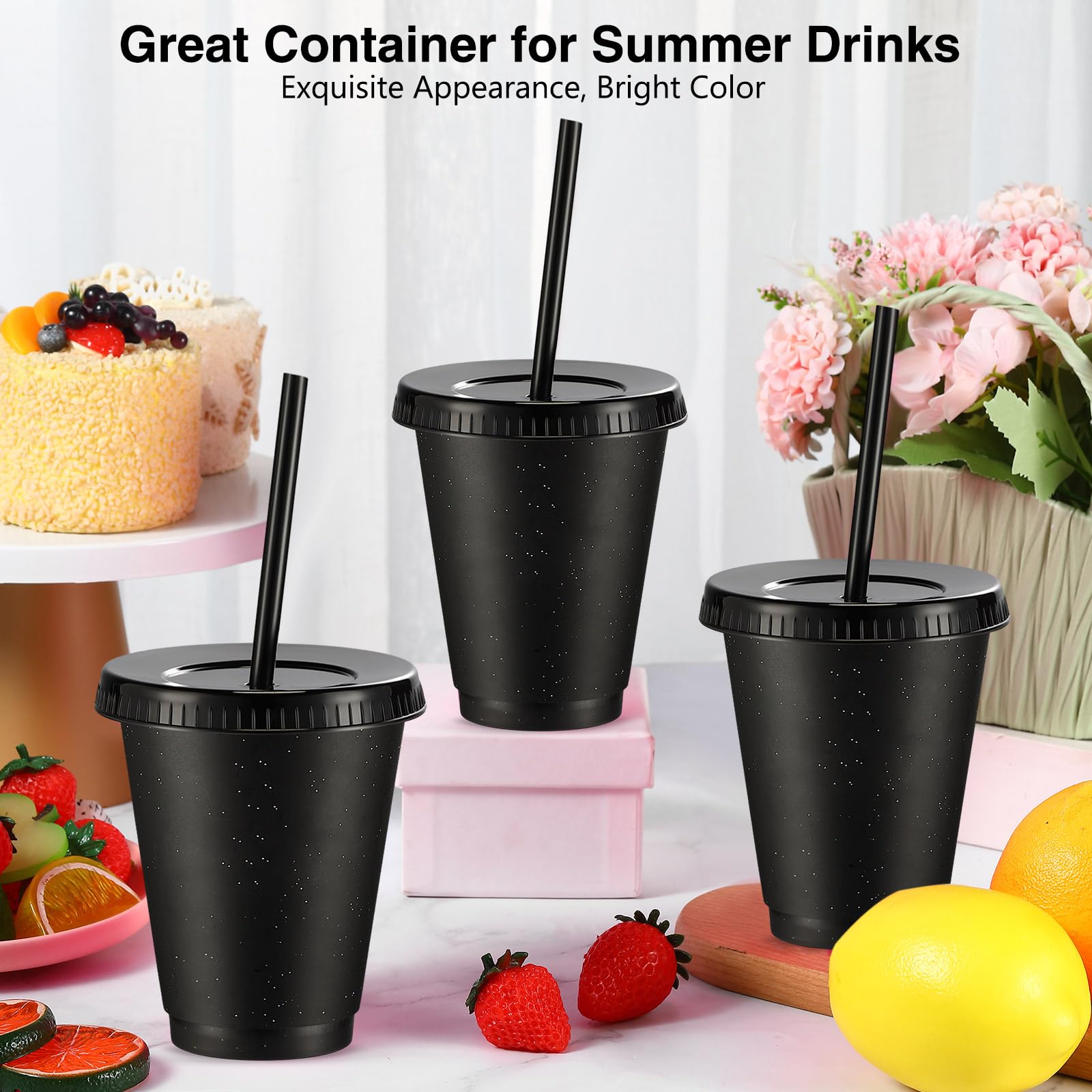 Rtteri 15 Pcs Reusable Cups with Straws and Lids 16 oz Glitter Tumblers Plastic Party Favor Cups with Lids Travel Mug Tumbler for Easter Graduation Party Iced Beverage Water(Black)