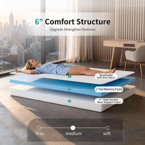 FDW 6 Inch Twin Mattress - Medium Firm Gel Memory Foam for Pressure Relief | Cooling Ventilated Foam, White
