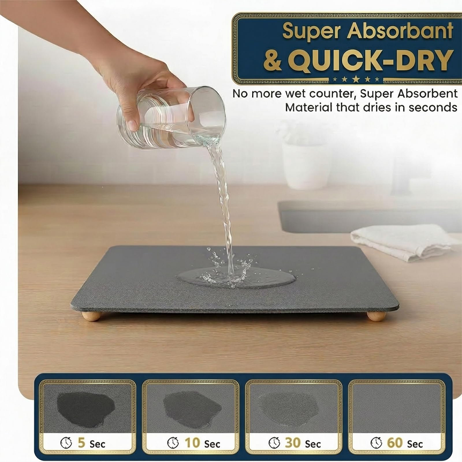 Stone Drying Mat for Kitchen Counter with 5 Wooden Feet, 19.7"×14.7" Diatomaceous Earth Dish Drying Mat, Elevated Drying Stone Mat for Modern Kitchen Countertop (Dark Gray, Standard-Solid)