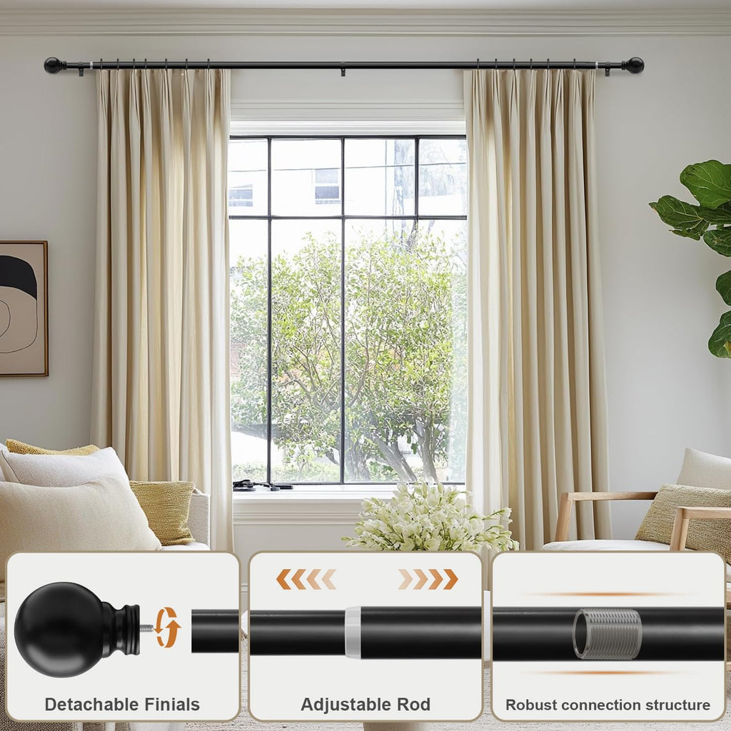 Skiennix Black Curtain Rods - Heavy Duty Metal Adjustable 72 to 144 Inch | Elegant Blackout Window Treatment