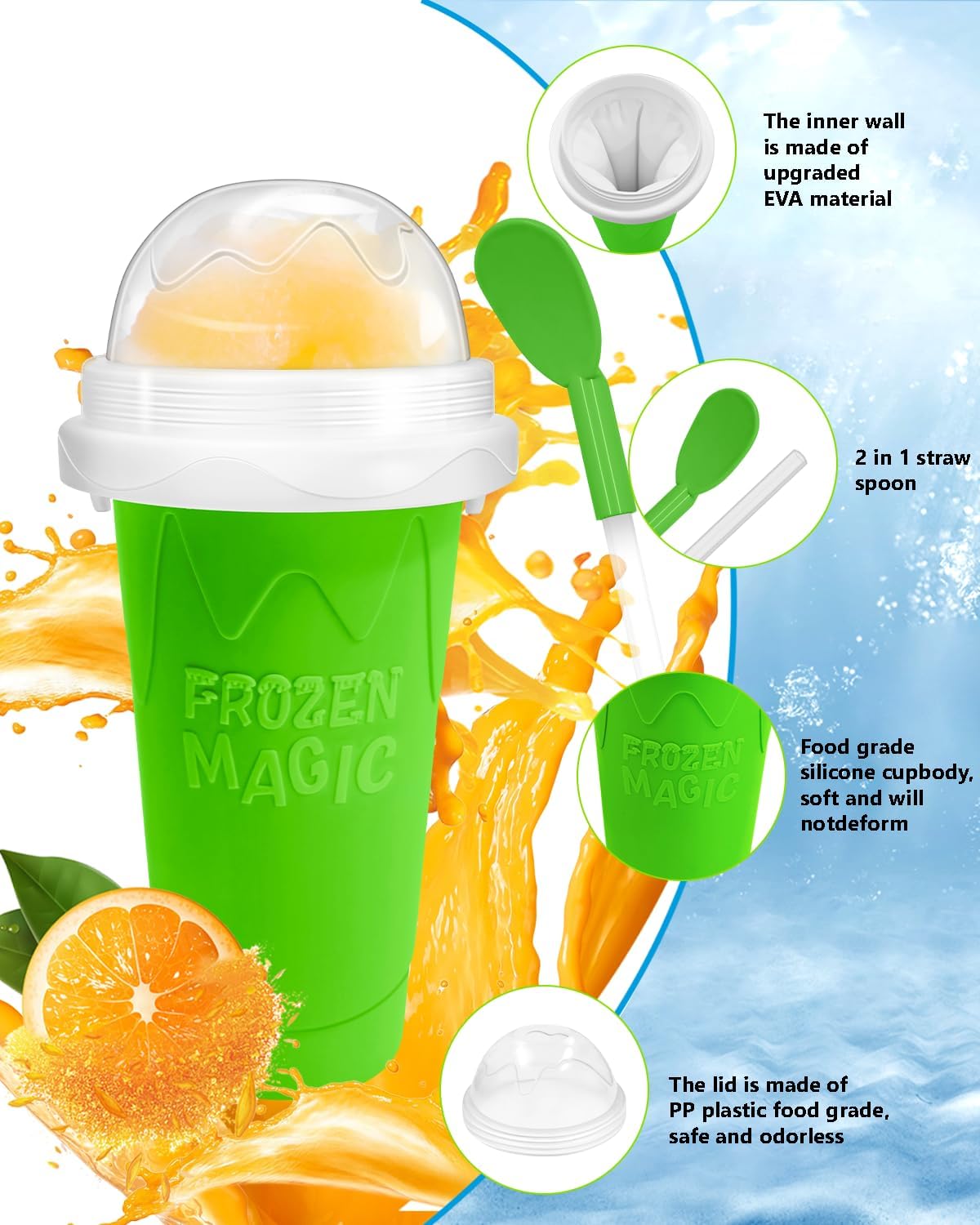 Skiennix Slushy Cup - DIY Magic Slushy Maker for Juices & Ice Cream | Portable Double Layer with Lid & Straw (Green)