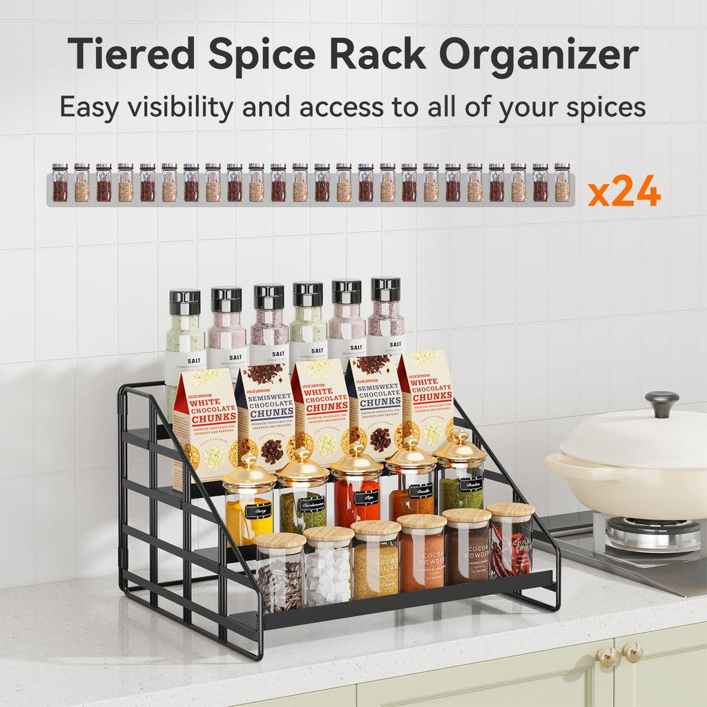 Bunoxea Spice Rack 4 Tier Kitchen Cabinet Organizer,Countertop Spice Rack,Tier Depth Adjustable Cabinet Shelf,Step Spice Organization Easy Visibility,Holds Seasoning and Condiments