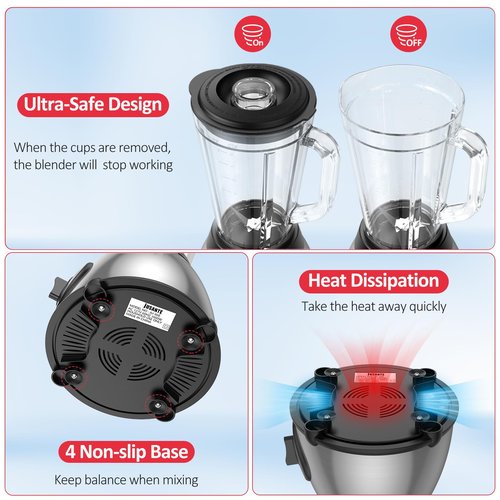 JUSANTE Blender for Smoothies, 1000W Glass Blender for Kitchen Countertop with 48oz Glass Jar Ice Crusher or Juice, Milkshake, Dessert
