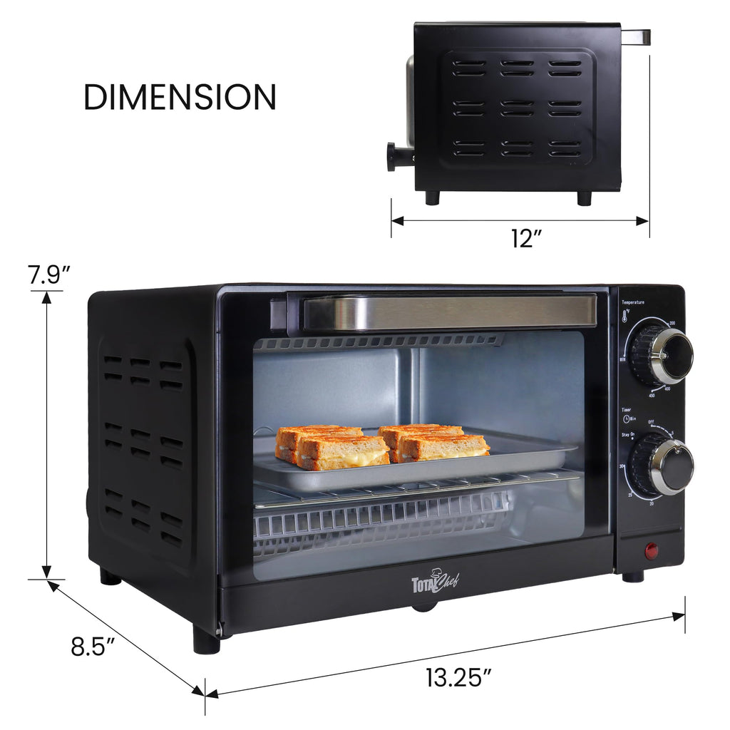 Total Chef Toaster Oven - Countertop Oven for Toast, Bake, Broil, Pizza, Compact Size For Small Kitchen, Appliance with Timer, Black