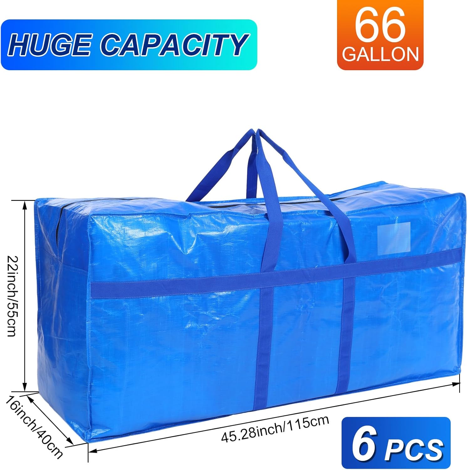 Skiennix 66 Gallon Extra Large Moving Bags - Heavy Duty Storage Tote with Strong Zipper Handle | Foldable Blue