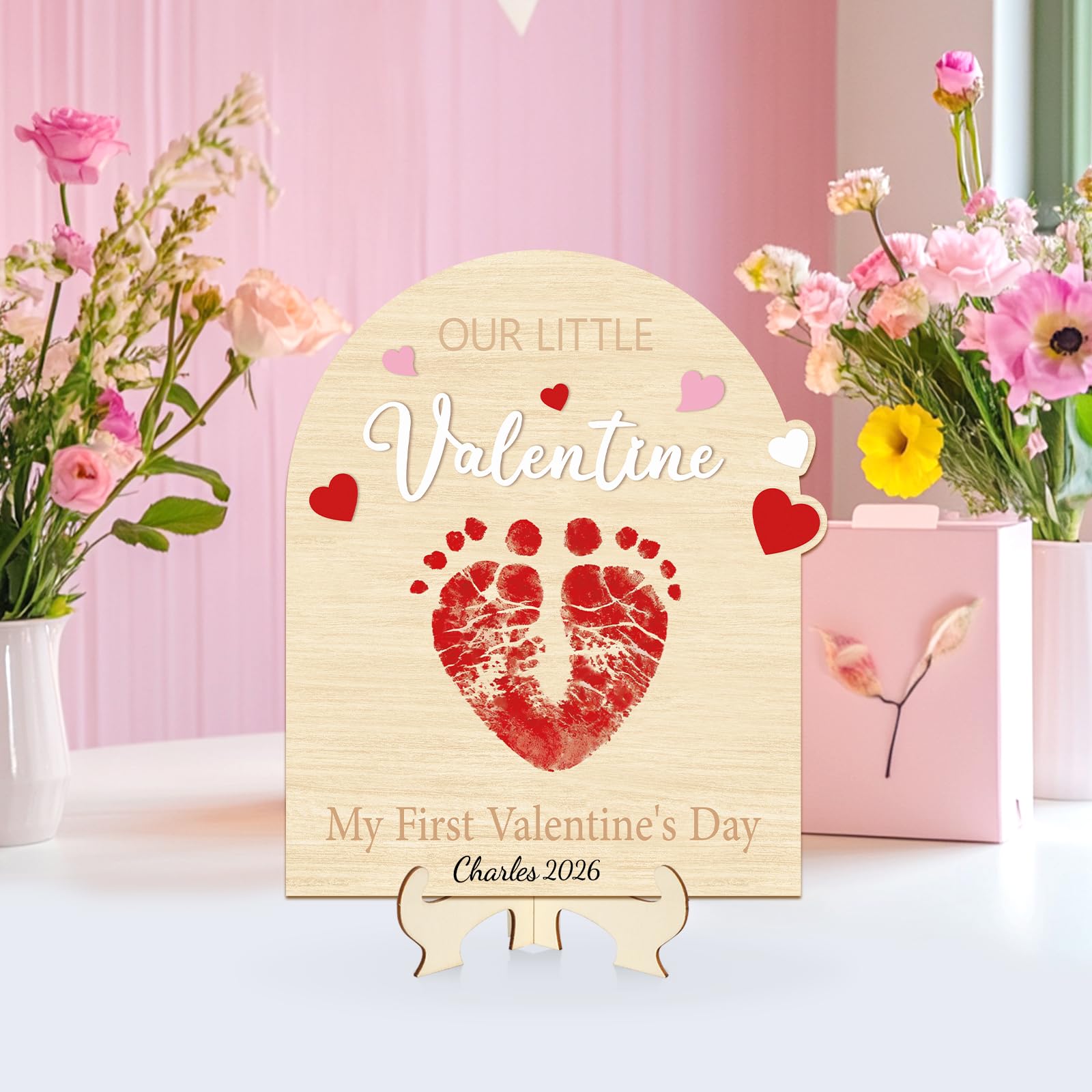 Sereliy Baby's First Valentine's Day DIY Footprint Art Card, Our Little Valentine Wood Sign Milestone Keepsake Ornaments for Baby Shower Newborn Photoshoot Prop (Word)