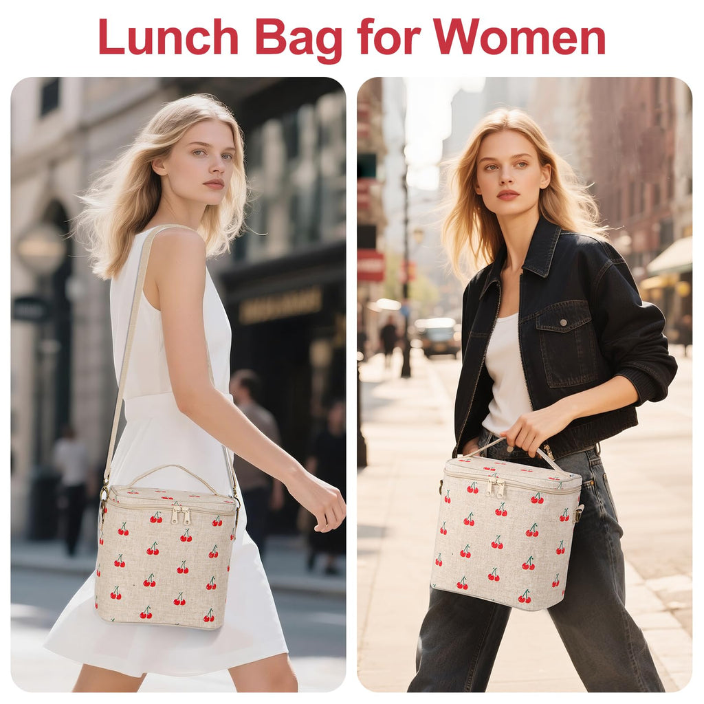 neatlife Lunch Bag for Women, Soft Linen Lunch bag with adjustable shoulder strap, Insulated Womens Lunch Bag for Work, Machine Washable Lunch Box with removable liner (Cherry)