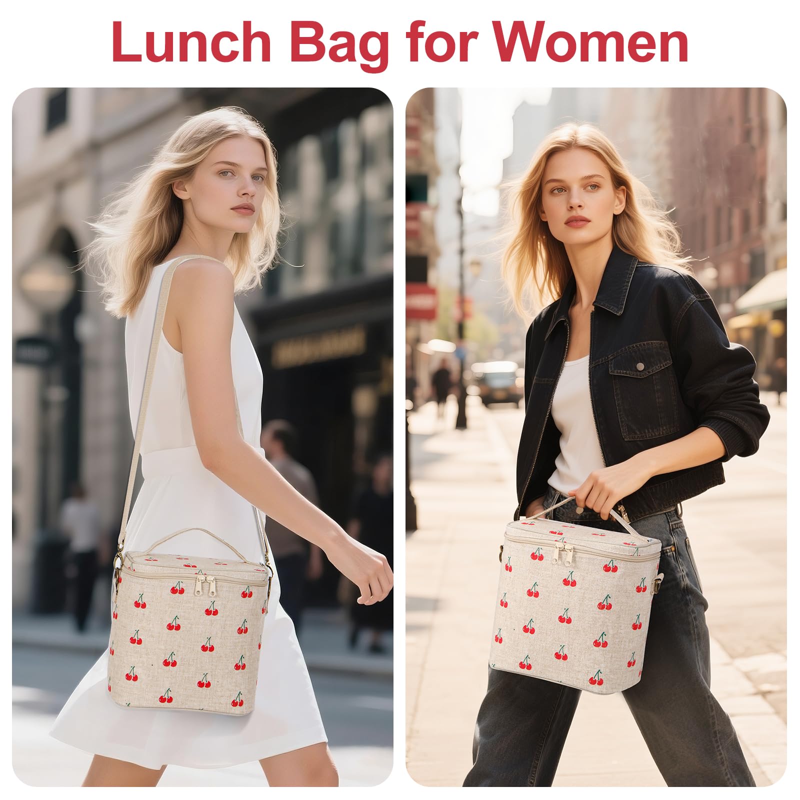neatlife Lunch Bag for Women, Soft Linen Lunch bag with adjustable shoulder strap, Insulated Womens Lunch Bag for Work, Machine Washable Lunch Box with removable liner (Cherry)