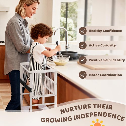 Toddler Kitchen Step Stool Adjustable Height Learning Standing Tower with Safety Feet, Steel Wood Kitchen Stool Helper for Kids, 1-3 Year Old Boy Girl Gifts