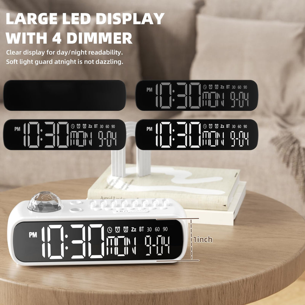 VOILEIPAGI White Noise Sound Machine with Clock for Baby Kids Adults, with 8 Soothing Sounds for Office & Sleeping, 30/60/90 Mins Timer, Bluetooth Speaker, Star Projector Galaxy Light for Home, Travel
