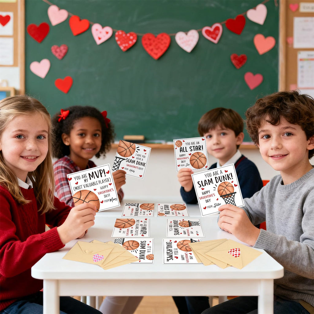 Hedeey 48 Pack Valentines Day Cards for Kids Classroom Basketball Valentine's Day Exchange Greeting Cards with Envelopes and Heart Stickers for Kids Classroom School Party Favors 4.3 * 4.3 inch