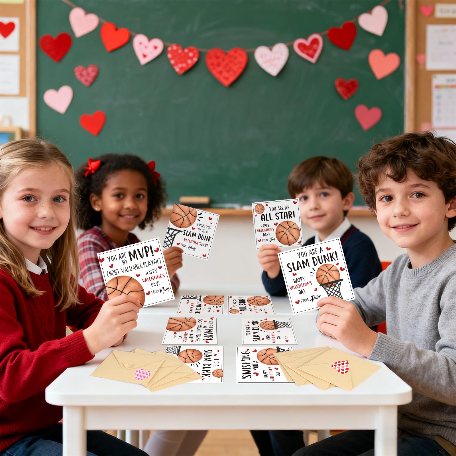Hedeey 48 Pack Valentines Day Cards for Kids Classroom Basketball Valentine's Day Exchange Greeting Cards with Envelopes and Heart Stickers for Kids Classroom School Party Favors 4.3 * 4.3 inch