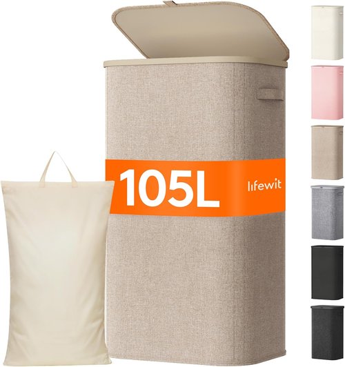 Lifewit 105L Large Laundry Basket - Foldable Hamper with Lid & Removable Bag | Beige