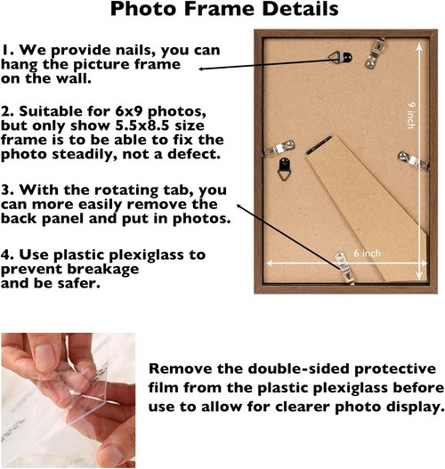 JCJMY 6x9 Picture Frame - Brown Wall Hanging & Tabletop Display | Shatter-Resistant Plexiglass