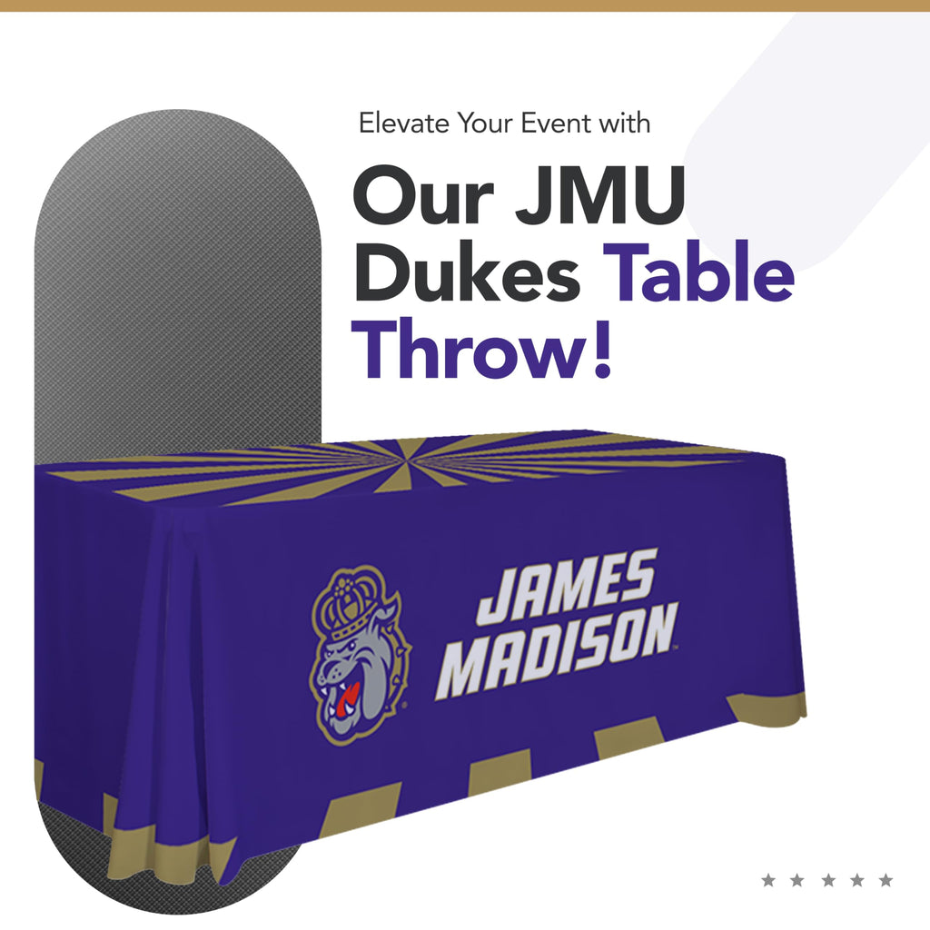 Victory Corps James Madison Dukes College Sports Printed Table Throw - NCAA Licensed - Polyester - School Tablecloth (Black, Purple, Gold) (6' Draped)