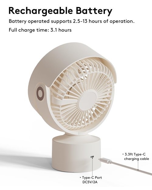 CARONSORT Desk Small Oscillating Fan for Bedroom, 9 Inch Table Fans Quiet,Desk Air Circulator Fan with 3 Speeds, 4H Time, Rechargeable Fan for Office/Dorm/Room-Beige