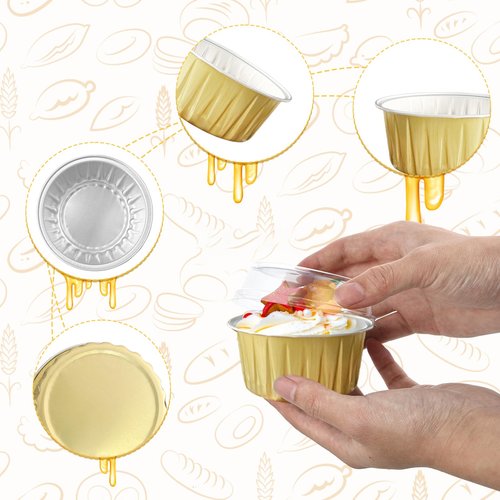 200Pcs Round Aluminum Baking Cake Pans with Clear Plastic Lids, Foil Pie Tin Tart Pans Disposable Ramekins Browni Baking Cups Dessert Cups for Wedding Birthday Party,5oz Gold