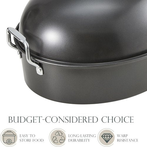 KITESSENSU Extra Large Roasting Pan with Lid - Nonstick Turkey Roaster 18 x 14 Inch | Heavy Duty, Dishwasher Safe, Gray
