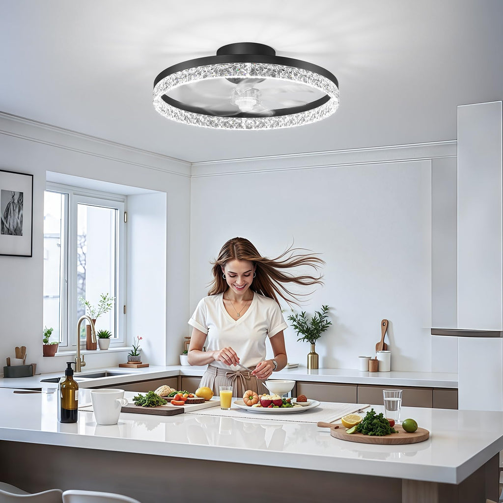 FOLKSMATE Ceiling Fan with Light and Remote, Low Profile Flush Mount Crystal Fandelier, Modern 6 Speeds Quiet Reversible, 2800-6500K Dimmable LED, Timer Fan Light for Bedroom Living Room Kitchen